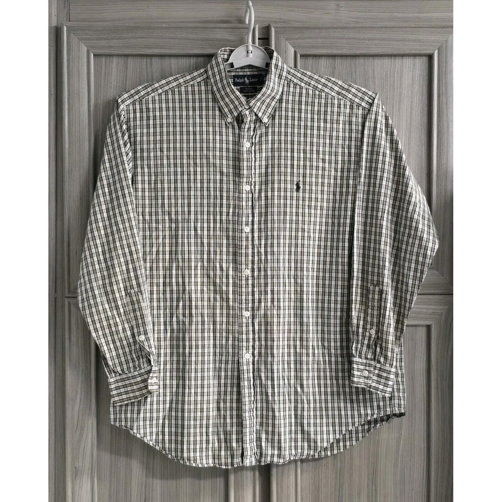 Ralph Lauren Shirt Mens Large Brown Plaid Blake 100% Cotton Button Down VTG